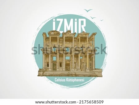 İzmir Celsius Kütüphanesi. Translated: Izmir Celsius Library in the ancient city of Ephesus, Turkey. Vector illustration