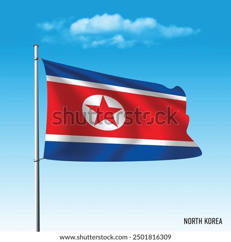 North Korea flag flying on blue sky, vector illustation.