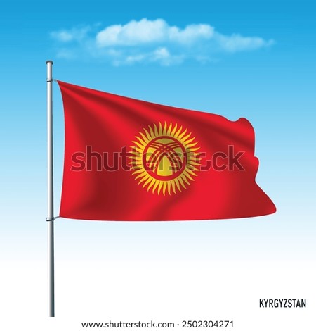 Kyrgyzstan flag flying on blue sky, vector illustation.