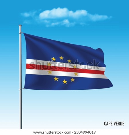 Cabo Verde flag flying on blue sky, vector illustation.