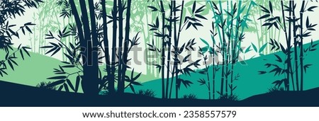 Forest of bamboo trees, park, alley. Landscape of isolated bamboo trees in various shade of greens. Silhouette vector