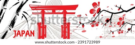 Japanese style traditional background with line art style torii gates and other Japan related arts. Japan background vector design.