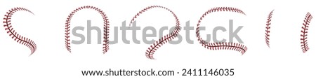 Creative vector illustration of sports baseball ball stitches, red lace seam isolated on transparent background.