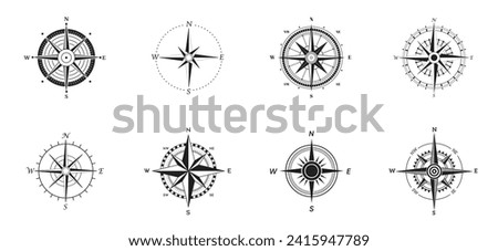 Compass Silhouette Icon Set on White Background. Rose Wind Glyph Pictogram.