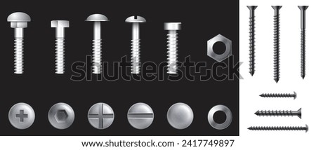 Creative vector illustration of steel brass bolts, metal screws, iron nails, rivets, washers, nuts hardware side view isolated on transparent background.