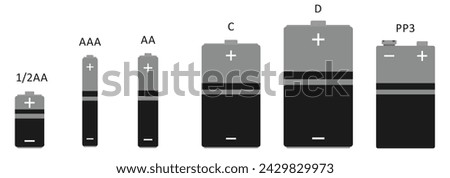 Creative vector illustration of black alkaline battery set with different size isolated on transparent background.