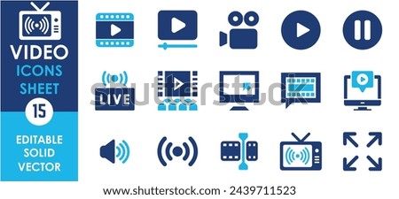 Video icon set. Containing camera, play, pause, media, online video, live and so on. Flat icons set related to video.