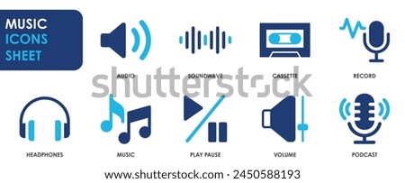 Music icon set. Containing headphones, sound, music, record and so on. Flat audio icons set.