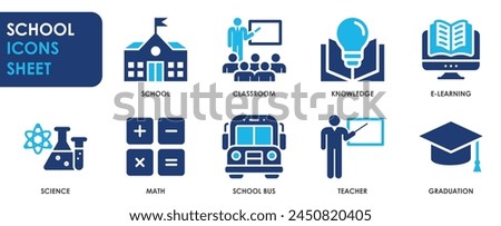 School icon set. Containing classroom, students, various subjects and so on. Education related flat icons.