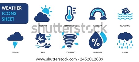 Weather icon set. Containing temperature, sun, rain, flooding, tornado and so on. Flat weather icons set.