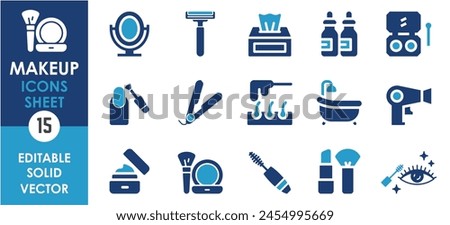 Beauty and makeup icons set with mirror, nail polish, wax, razor and so on.