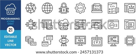 Programming outline icons set. Vector line icons related to programming, web development, coding, software, internet and so on.