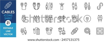 Cable wire computer and plug outline icons set. Line icons of wires and cables.
