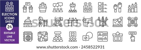 Linear icons sheet with election related designs. Election, ballot paper, vote, community, diplomacy, rights, development and so on. Outline style vector icons.