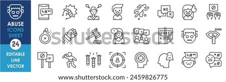 A set of linear icons related to abuse. Abuse, violence, insult, crime, assault and so on. Outline icons set.