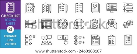 A set of linear icons related to checklist. To do, schedule, time table, routine, quiz and so on. Outline icons set.