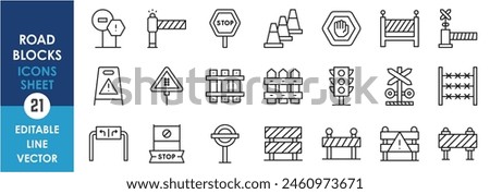 A set of linear icons related to road blocks. Road blocks, barriers, signs outline icons set.