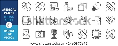 A set of linear icons related to wounds, plaster and medical patches. Healing icons outline styles set.