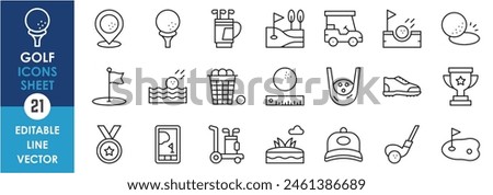 A set of linear icons related to golf. Golf ball, bat, course, outfit and so on. Outline sports icons set.