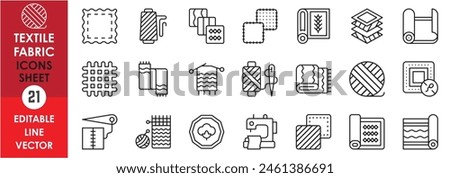 A set of line icons related to fabrics. Outline icons of fabric, knitting, patch, textiles and so on.