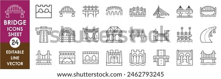 A set of line icons related to Bridges. Various types of bridge outline style vector icons. 