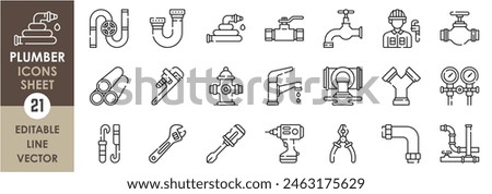 A set of line icons related to Plumber. Pipes, drains, valves, tap, mechanical tools and so on. Vector outline icons set.