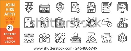 A set of line icons related to hire and join. Application, job, hire, work, appointment, resume and so on. Vector outline icons set.