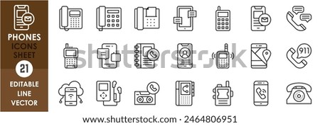 A set of line icons related to phones. Old style phone, smartphone, telephone, fax and so on. Vector outline icons set.