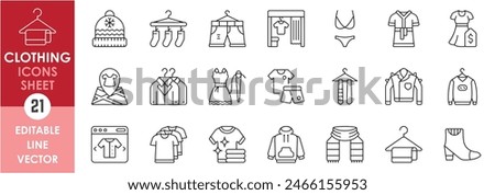 A set of line icons related to clothing. Various clothes including shirt, suit, t-shirt, ladies dress, sweater, bikini, online shopping and so on. Vector outline icons set of dresses.