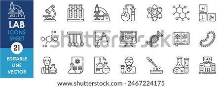 A set of line icons related to laboratory. Lab, equipment, chemistry, biology, computer, physics, test tube, chemical and so on. Vector outline icons set.