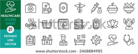 A set of line icons related to healthcare and medical. Medicine, healthcare, healthy food, gym, virus, hospital, wellness, fitness and so on. Vector outline icons set.