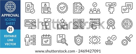 A set of line icons related to approval. Approve, percent, correct, tick, option, right, wrong, stamp, verify. Vector outline icons set.