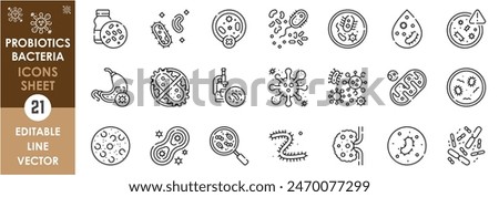 A set of line icons related to bacteria and virus. Probiotics, virus, micro organism, deadly, health, unicellular and so on. Vector outline icons set.