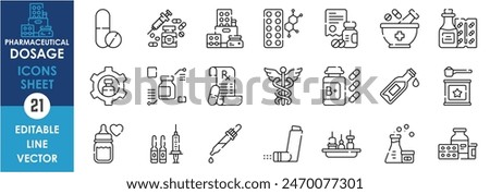 A set of line icons related to Pharmaceutical dosage. Dosage, medicine, child, adult, syrup, injection, pills, drugs, vitamin and so on. Vector outline icons set.