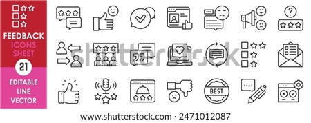 A set of line icons related to feedback and suggestions. Feedback, message, rating, letter, mail, podcast, good, worst, best and so on. Vector outline icons set.