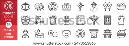 A set of line icons related to China and Chinese traditions. China, Chinese, culture, objects, foods, language, currency, dress and so on. Vector outline icons set. Chinese new year.