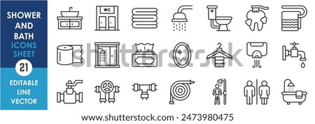 A set of line icons related to Shower and Bath. Bathroom, shower, toilet, washroom, plumber, pipes, water, sink, men and women and so on. Vector outline icons set.