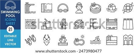 A set of line icons related to swimming pool. Swim, dive, champion, sports, river, pool, bikini, volleyball and so on. Vector outline icons set.