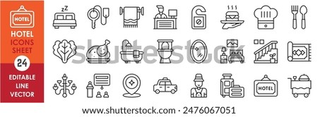 A set of line icons related to hotel. Hotel, restaurant, food, drink, rest, bed, table, dinner, tourist, seminar and meeting and so on. Vector outline icons set.