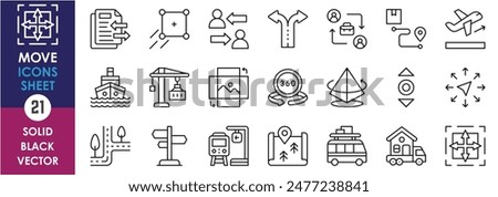 A set of line icons related to move and movement. Move, shift, travel, road, switch, deliver, rotate, direction and so on. Vector outline icons set.