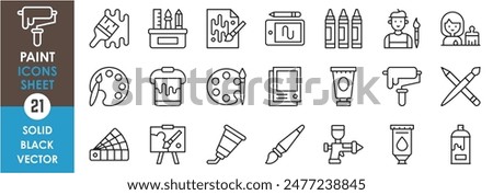 A set of line icons related to paint and painter. Color, paint, painter, brush, spray, digital painting, wallpaper and so on. Vector outline icons set.