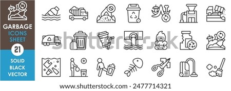 A set of line icons related to garbage and trash. Trash, rubbish, truck, industrial waste, broken jar, vacuum, ocean trash, landfill and so on. Vector outline icons set.