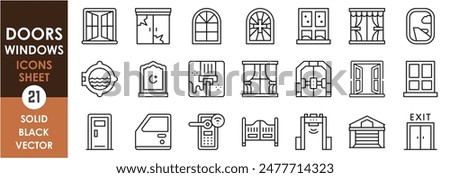 A set of line icons related to various doors and windows. House, ship, vehicle, lab, garage, airplane, security room, traditional doors and windows collection. Vector outline icons set.