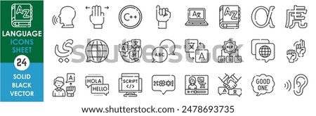 A set of line icons related to language. Language, translation, speech, listen and speak, rough, sign, foreign, gesture and so on. Vector outline icons set.