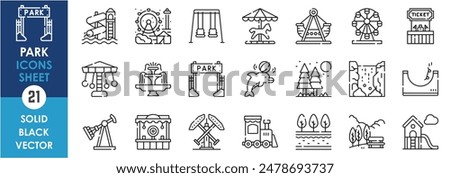 A set of line icons related to park. Amusement park, water park, swing, ticket, fountain, skate, fun, train, and so on. Vector outline icons set.