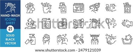 A set of line icons related to handwash. Hand Washing, soap, sanitizer, drier, steps, soap bubbles, and so on. Vector outline icons set.