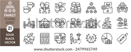 A set of line icons related to family.  dad, mom, mother, love, dining room, documents, family car, photo album, couple, child, family drawing, budget, combined family and so on. Vector outline icons 