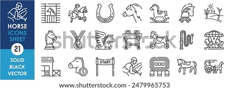 A set of line icons related to horse. Horse riding, racing, horseshoe, medal, strategy, betting, amusement park, stable, carriage and so on. Vector outline icons set.