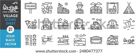 A set of line icons related to village. Suburban, village, rural, far, tent, villager, farm, cattle, water well, barn, road, green, beautiful and so on. Vector outline icons set.