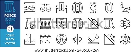 A set of line icons related to force. Physics, motion, friction, vibration, energy, kinetic, vector, electric, magnetic, radioactive and so on. Vector outline icons set.